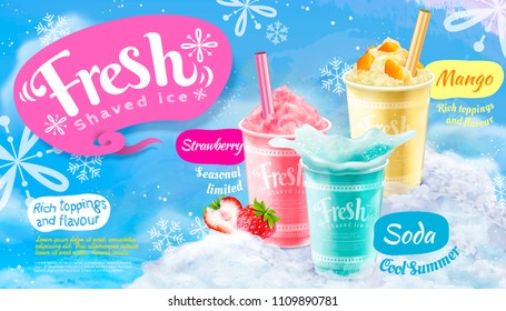 Summer frozen ice shaved poster with strawberry, mango and soda flavors in 3d illustration, blue snowflakes background