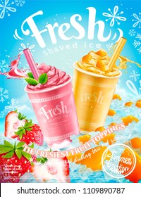 Summer frozen ice shaved poster with strawberry and mango flavors in 3d illustration, refreshing fruit and toppings