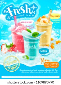 Summer frozen ice shaved poster with strawberry, mango and soda flavors in 3d illustration, refreshing fruit and toppings