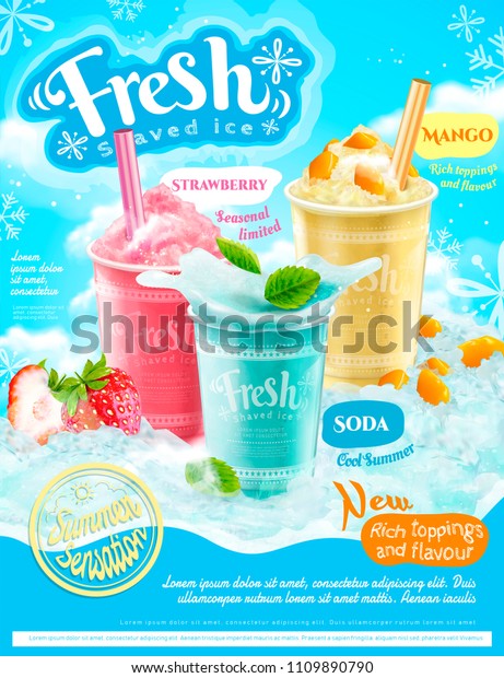 Summer
frozen ice shaved poster with strawberry, mango and soda flavors in
3d illustration, refreshing fruit and
toppings
