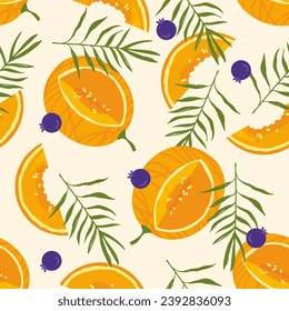 summer fruit background with melons, berries and twigs. fruit dessert with berries endless pattern