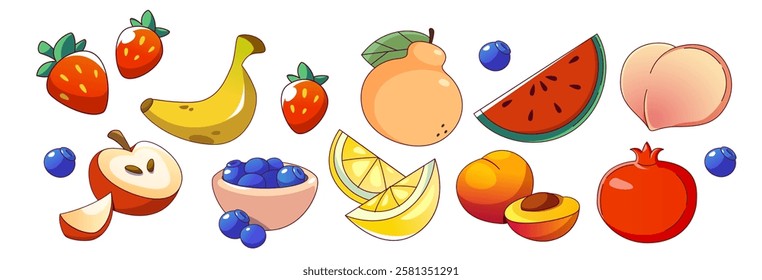 Summer fruit and berry cartoon set. Collection with strawberries and banana, peach and watermelon, apple and blueberries, pear and lemon slices, apricot and pomegranate. Bright seasonal elements.