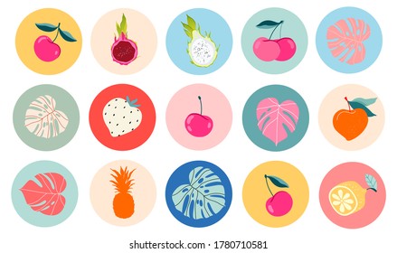 Summer Fruit, Berry And Monstera Icon Set. Round Summertime Sticker, Label Collections. Trendy Vector Illustrations For Instagram Highlights, Web Design And Print. Summer Travel And Vacation Concept.