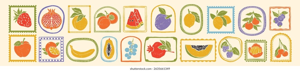 Impressão de frutos de verão, vintage mão desenhada desenho desenho animado citrus ilustração doodle charcoal texture set. Design de adesivo retro orgânico colorido, limão fresco, carimbo de logotipo da natureza da maçã. Ícone de fruta de verão