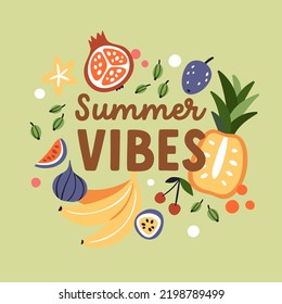 Summer fruit card with exotic tropical vitamin food. Fruity square background design with banana, pineapple, fig, pomegranate, mix of healthy sweet juicy natural eating. Flat vector illustration