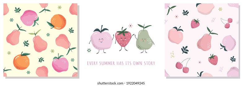 Summer Fruit cartoons collection. Kawaii characters and festive pattern set. Vector illustration