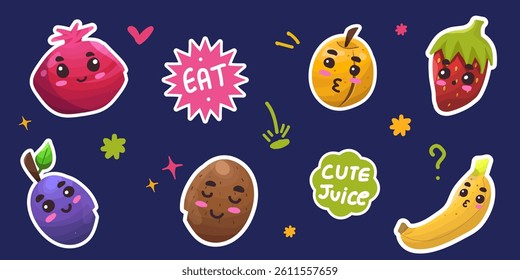 Summer fruit character sticker collection. Cute emoji faces showing emotions. Vector illustrations of pomegranate, pear, strawberry, prune, banana, kiwi. Fun and cute backgrounds.
