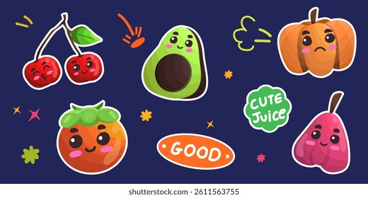 Summer Fruit Character Sticker Collection. Cute Emoji Faces Expressing Emotions. Vector Illustrations. Cherry, avocado, Persimmon, Pumpkin, Guava. Fun and Cute Backgrounds.