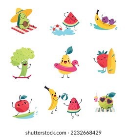 Summer Fruit Characters Enjoying Beach Vacation Having Fun Vector Set