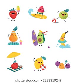 Summer Fruit Characters Enjoying Beach Vacation Having Fun Vector Set