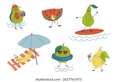 Summer fruit characters enjoying beach vacations. Cute smiling kawaii fruits set for cards and posters. Hand drawn flat design vector illustration.