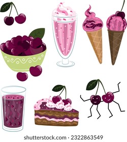 Sommerfrüchte. Kirsche, Eis, Milchshake. Kirschsaft. Kuchen. 