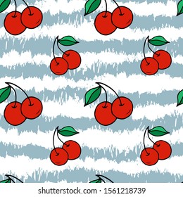 Summer Fruit Cherry, Stripes Blue White Seamless Pattern Doodle Sketch  