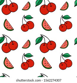 Summer Fruit Cherry Watermelon Cartoon  Doodle Seamless Pattern Vector Sketch White Background Isolated Elements Print