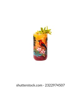 Summer fruit cocktail in a beautiful glass with an image of an exotic bird. Vector illustration