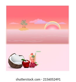 Summer fruit cocktail of coconut and apple on the sand with an island and the sun in the background. Healthy summer vacation concept. vector illustration