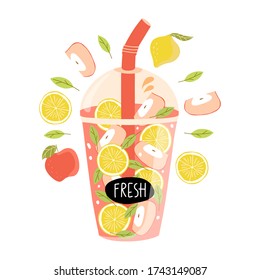 Summer fruit cocktail in a glass on a white background. Smoothie time. Fresh Organic smoothie ingredients. Healthy diet or detox diet. Hand drawn illustration