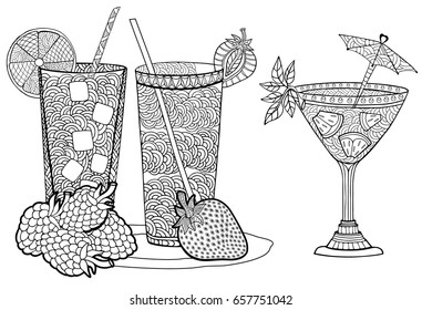 Summer fruit cold cocktails. Doodle and zentangle style. Hand drawn coloring. Vector illustration.