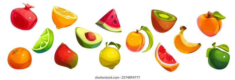 Summer fruit collection with citrus slices, ripe pomegranate, juicy watermelon, fresh avocado, yellow lemon, golden banana, sweet peach and tropical kiwi pieces for seasonal healthy food menu design.