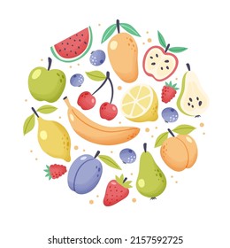 Summer fruit collection, seasonal elements in circular shape. Fresh tropical and garden fruits doodle, organic biological vegan food. Cute cartoon vector illustration