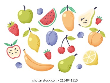 Summer fruit collection. Set of fresh tropical and garden fruits doodle, organic biological vegan food. Cute cartoon vector illustration