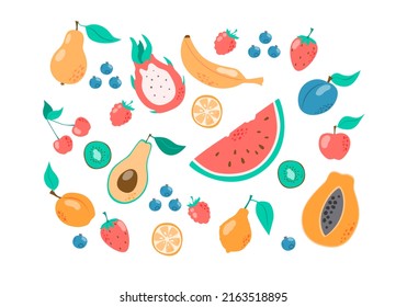 Summer fruit collection. Set of fresh tropical and garden fruits doodle, organic biological vegan food. Cute cartoon vector illustration