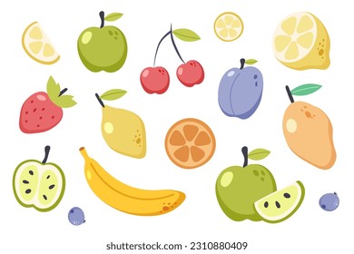 Summer fruit collection. Set of fresh tropical and garden fruits, organic biological vegan food. Cute cartoon vector illustration