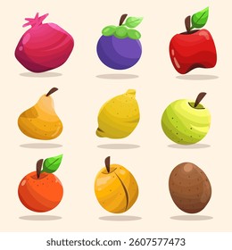 Summer fruit collection.Set of Fruit vector illustration.Pomegranate, mangosteen, apple, lemon, orange, guava, pear, apricot, kiwi
