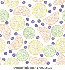 Summer fruit dessert seamless pattern. Ripe berries and fruit. Old color print with a stylized pattern. Vector illustration.