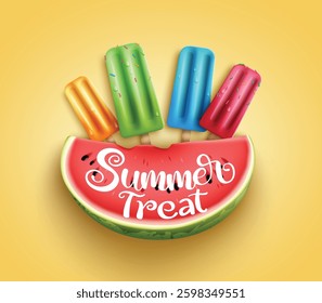 Summer fruit and dessert vector concept design. Summer treat text with popsicle flavors and watermelon 3d tropical season food for fruity and sweets holiday vacation refreshment. Vector illustration.
