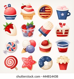 Summer fruit and desserts decorated for the 4 th of july. Stickers with pastry, sweets and berries for independence day. Isolated vector illustrations.