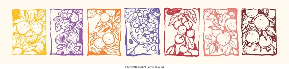 Summer fruit doodle poster, hand drawn Italy lemon orange postcard, organic fresh line illustration. Abstract healthy food print set, grape, peach, pomegranate branch. Summer fruit ink card background