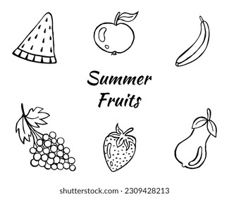 Summer fruit doodle set. Vector image on a white background, elements. Watermelon, apple, banana, grapes, strawberry, pear.
