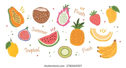 Summer fruit doodle vector set with hand-drawn watermelon, coconut, melon, kiwi, strawberry, papaya, dragon fruit, fig, banana, lemon, and mango. Colorful beach collection for posters and apparel