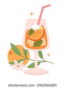 Summer fruit drink cocktail with straw and citrus slices.Summer alcoholic cocktail with prosecco, aperol and oranges.