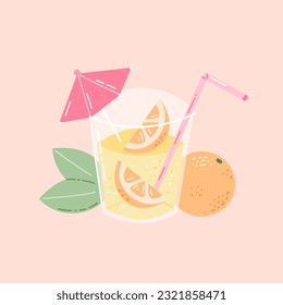 Sommerfrucht-Drink-Cocktail mit Regenschirm, Strohscheiben und Zitrusscheiben, handgezeichnete, farbige Vektorgrafik