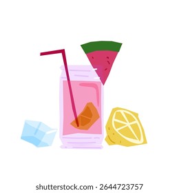 Summer Fruit Drink Illustration — Pink summer drink with orange slice, lemon, ice and watermelon. Flat illustration with vibrant colors, isolated on white background.