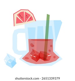 Ilustração de Bebida de Frutas de Verão. Bebida de fruta vermelha com cubos de gelo e uma fatia de toranja em uma caneca transparente. Estilo plano, cores brilhantes, isolado no fundo branco.