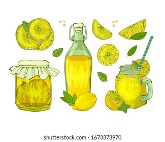Summer fruit drink. Lemonade poured into different dishes. Lemon cut into different slices. Hand drawn illustration.