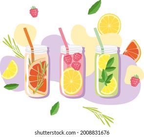 summer fruit drinks, colored lemonades. fruit baskets
