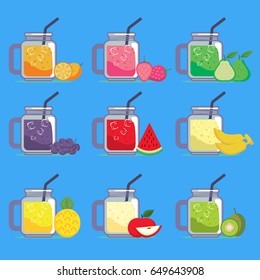 Summer fruit drinks flat icon set. Vector illustration