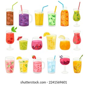 Bebidas de fruta de verano y lemonade como bebida refrescante en vidrio con conjunto de vectores fuertes de paja