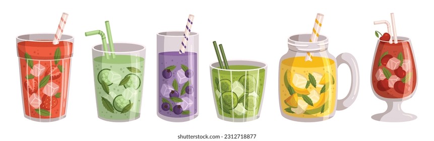 Bebidas De Fruta De Verano. Fresa, pepino con menta, arándano, limón o limón, Cócteles frescos de cerezo con bayas y frutas maduras. Bebidas Frescas En Temporada Caliente. Ilustración del vector de dibujos animados