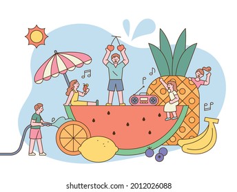 Summer Fruit Festival. People are playing in the water and listening to music around the giant fruit. outline simple vector illustration.