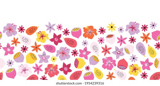 Summer Fruit Flower border seamless vector pattern. Repeating cute floral horizontal kids background Scandinavian style. Abstract pink tropical flowers, lemons for summer decor, footer, cards, banner