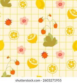 Summer fruit and flower design for fabrics, packaging, decor and festive printing. Bright seamless pattern with lemons, strawberries, flowers