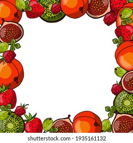 summer fruit frame, in juicy, bright colors, with peach, berries, kiwi for postcards with text, stickers, decoration