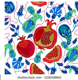 Summer fruit garden. Seamless vector pattern with red pomegranates on white background. Folk art style print with Turkish motifs.