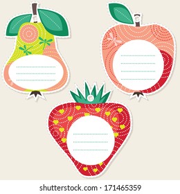 Summer fruit gift tags in the shape of apple, pear and strawberry. Some blank space for your text included.