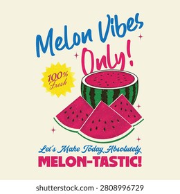 summer fruit graphic layout featuring a colorful, detailed illustration of sliced and halved pink watermelons with prominent black seeds. Set against a warm cream background, the vibrant design mixes playful cursive and bold block typography reading 